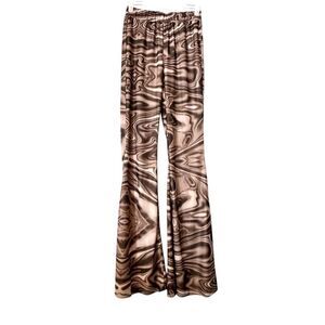 Acoa Abstract Wavy Print Pull On Brown Flared Pants Small
